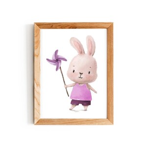 Póster conejo habitación infantil mural conejito habitación bebé animales imagen conejito con molinete niña A4 A3