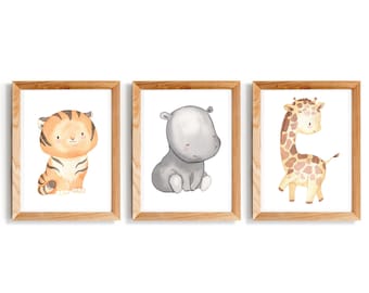 Poster Safari set of 3 children's room animals tiger rhino giraffe wall picture baby room decoration A4 A3
