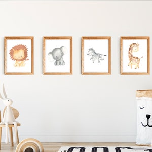 Cuadros de pared para habitación de niños, juego de 4 animales, elefante, cebra, león, jirafa, safari, cuadro de pared para habitación de bebé A4