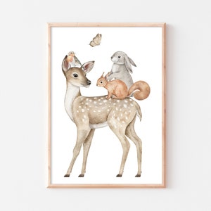 Póster animales del bosque habitación infantil animal ciervo conejo ardilla imagen boho A4 A3
