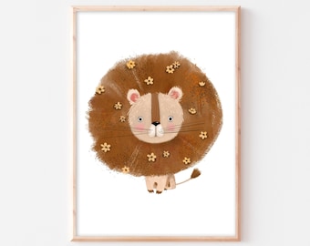 Poster Löwe Kinderzimmer Poster Löwe Babyzimmer Bild Löwe Wandbild Tier Safari boho Bild Blumen A4 A3