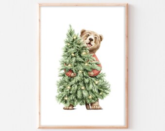 Poster bear Christmas mural bear with Christmas tree children's room baby room boho picture A4 A3