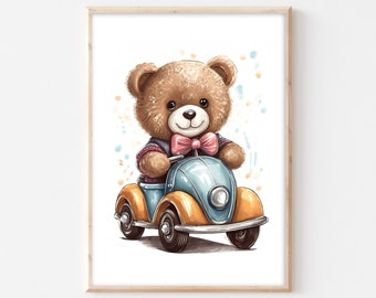 Poster children's room bear with car animal baby wall picture children's room baby room boho picture A4 A3