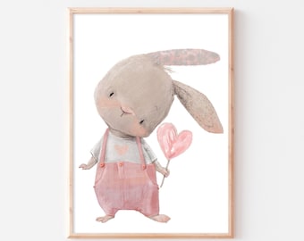 Poster children's room bunny with personalization baby room rabbit heart mural rabbit boho picture girl A4 A3