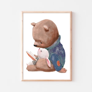 Poster per la cameretta dei bambini, orso, coniglio, immagine da parete per la cameretta dei bambini, immagine boho A4 A3