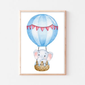 Póster para habitación infantil, elefante, póster, elefante, habitación de bebé, imagen de elefante con globo aerostático, cuadro de pared, animal, decoración de habitación infantil, elefante A4 A3