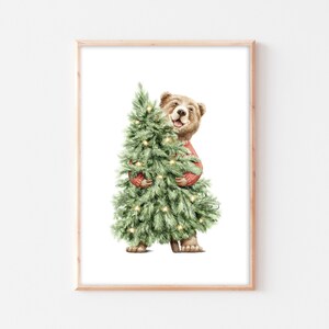 Póster oso mural de Navidad oso con árbol de Navidad habitación infantil habitación de bebé boho imagen A4 A3