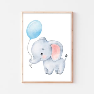 Póster para habitación de niños, globo de elefante, imagen para habitación de bebé, elefante con globo aerostático, mural, decoración de pared de animales A4 A3