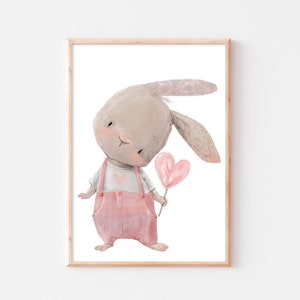 Affiche chambre d'enfant lapin avec personnalisation chambre de bébé lapin coeur mural lapin bohème photo fille A4 A3