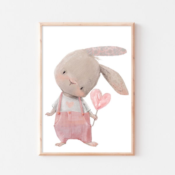 Poster Kinderzimmer Hase mit Personalisierung Babyzimmer Kaninchen Herz Wandbild Kaninchen boho Bild Mädchen A4 A3