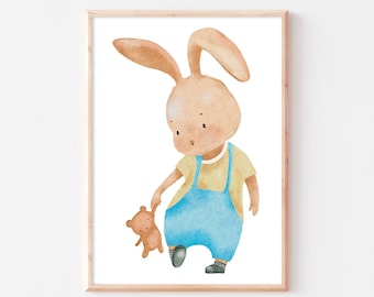 Poster Kinderzimmer Hase Babyzimmer Kaninchen Hase mit Kuscheltier Waldtiere Wandbild Kaninchen boho Bild A4 A3