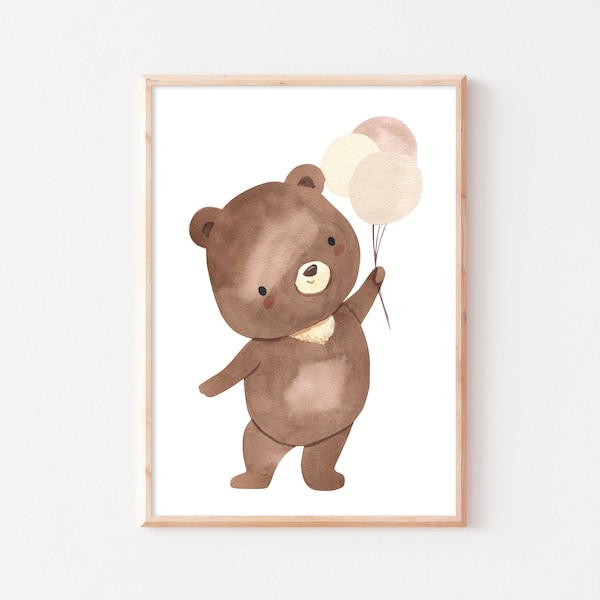 Poster Kinderzimmer Bär Ballon Babyzimmer Bild Bär mit Heißluftballon Wandbild Tier boho A4 A3