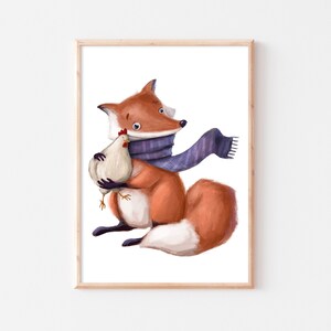 Póster Habitación infantil Zorro Gallina Pollo Imagen Habitación infantil Animales A4 A3