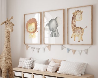 Poster Children's Room Animals Set of 3 Picture Safari Lion Elephant Giraffe Wall Picture Baby Room A4 A3