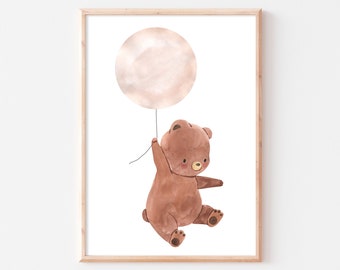 Poster Kinderzimmer Bär Ballon Babyzimmer Bild Bär mit Heißluftballon Wandbild Tier boho A4 A3