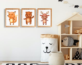 Children's room posters with woodland animals, baby room posters, 3-piece set: fox, bear, deer, animal wall art, decoration, A4 A3