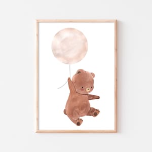 Poster per la cameretta dei bambini, orso, palloncino, immagine per la cameretta dei bambini, orso con mongolfiera, immagine da parete, animale, boho, formato A4, A3