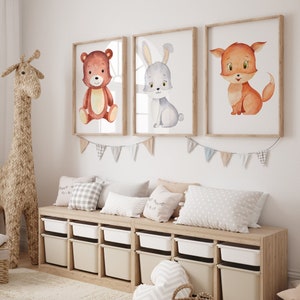 Póster Póster de la habitación de los niños Póster de conejo Póster de oso Póster de zorro Decoración de pared Habitación de bebé Animales del bosque Zorro Conejo Oso Cuadro de pared A4 A3