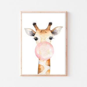 Póster jirafa habitación infantil decoración habitación bebé imagen A4 A3 decoración habitación infantil mural jirafa con burbuja de chicle