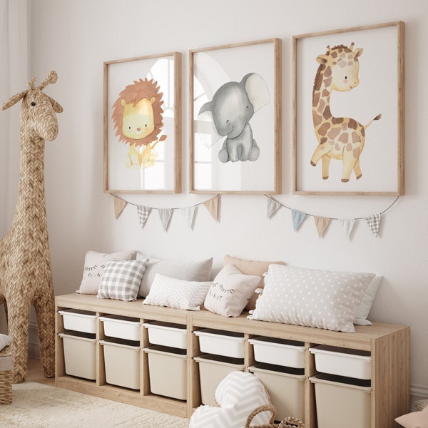 Poster Kinderkamer Dieren Set van 3 Foto Safari Leeuw Olifant Giraffe Muurfoto Babykamer A4 A3