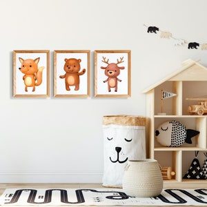 Póster para habitación de niños, póster de animales del bosque, habitación de bebé, juego de 3, imagen decorativa de pared de animales, zorro, oso, ciervo, A4 A3