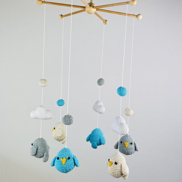 Baby Mobile Chicks Crocheted Turquoise Grey Cream