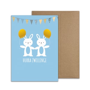 Geboorte tweeling felicitatiekaart, kaart voor de geboorte van een tweeling, vouwkaart konijntje, blauw - Hoera tweeling