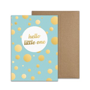 Tarjeta de felicitación de nacimiento, tarjeta plegable con lunares, azul dorado - Hola pequeño, tarjeta para el nacimiento de un niño
