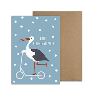 Tarjeta plegable con cigüeña azul - Hola pequeño milagro