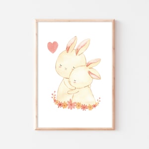 Poster per la cameretta dei bambini, coniglietto, coniglietto da coccolare, immagine da parete, immagine boho, ragazza, formato A4 A3