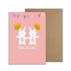 Glückwunschkarte Zwillinge, Geburt Zwillinge Karte Mädchen, Klappkarte Hase, Rosa - Hurra Zwillinge