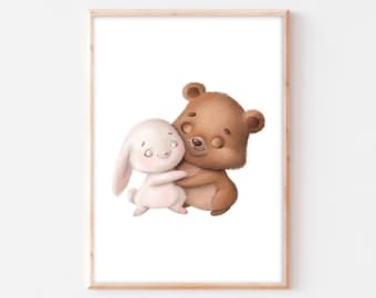 Poster children's room bunny bear baby room rabbit bunny animals mural bear rabbit boho picture A4 A3