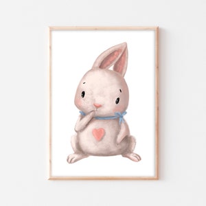 Póster habitación de los niños conejito habitación de bebé imagen de conejo mural de corazón conejo boho imagen mural A4 A3