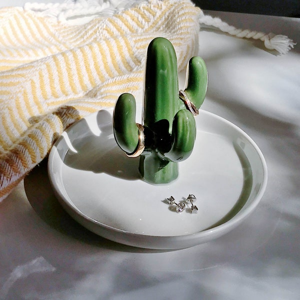 Green Cactus Ring holder with Jewelry Dish-Ceramic Succulent Jewelry Tray-Cute Plant Ring Holder- Jewelry Organizer Display-Ring Tree