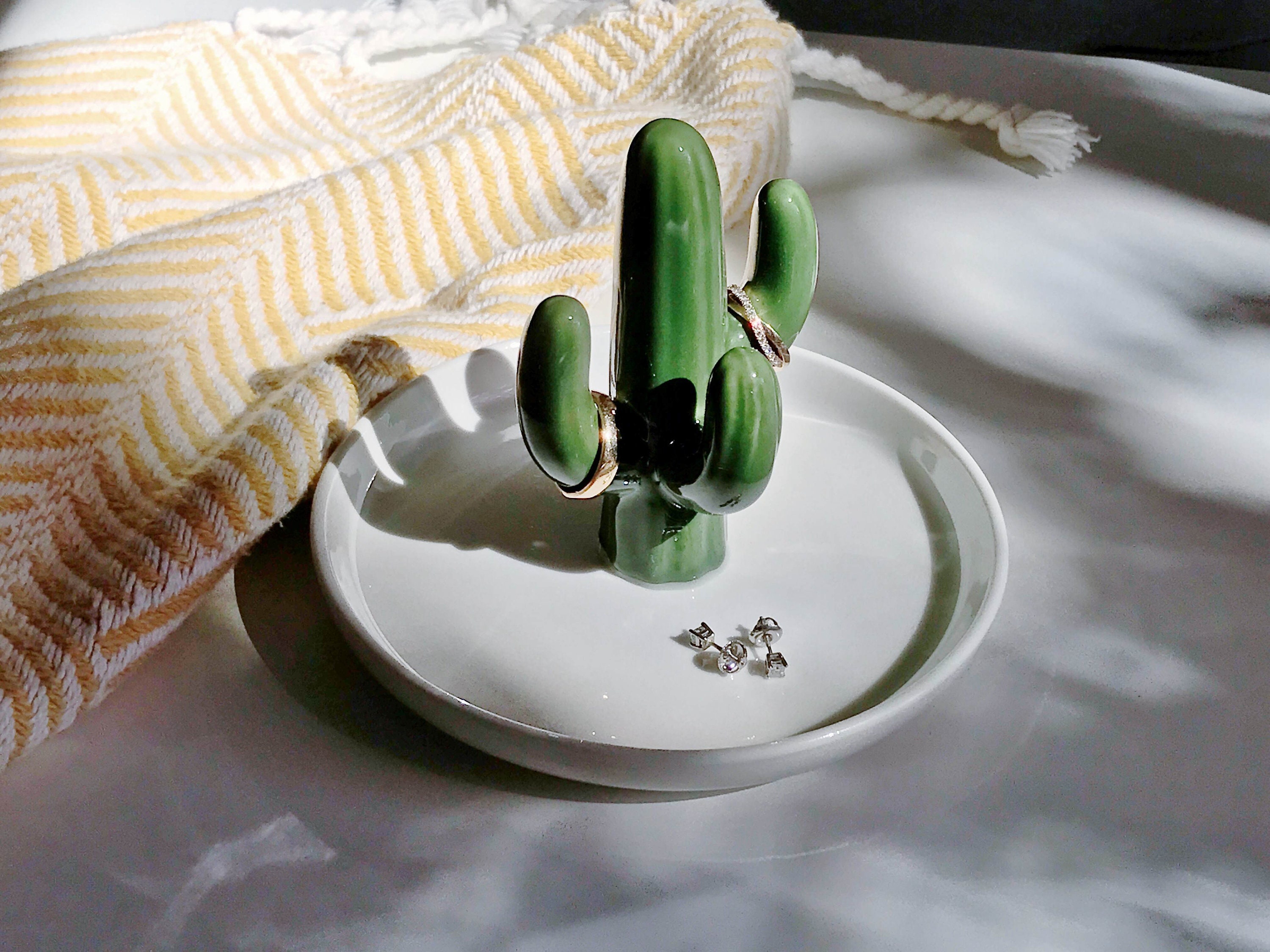 Green Cactus Ring holder with Jewelry Dish-Ceramic Succulent Jewelry  Tray-Cute Plant Ring Holder- Jewelry Organizer Display-Ring Tree