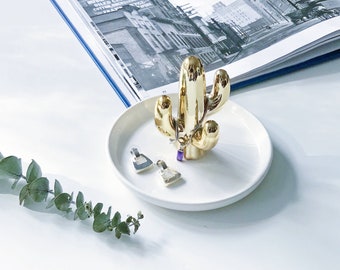 Gold Cactus Ring holder with Jewelry Dish-Ceramic Succulent Jewelry Tray-Cute Plant Ring Holder- Jewelry Organizer Display-Ring Tree