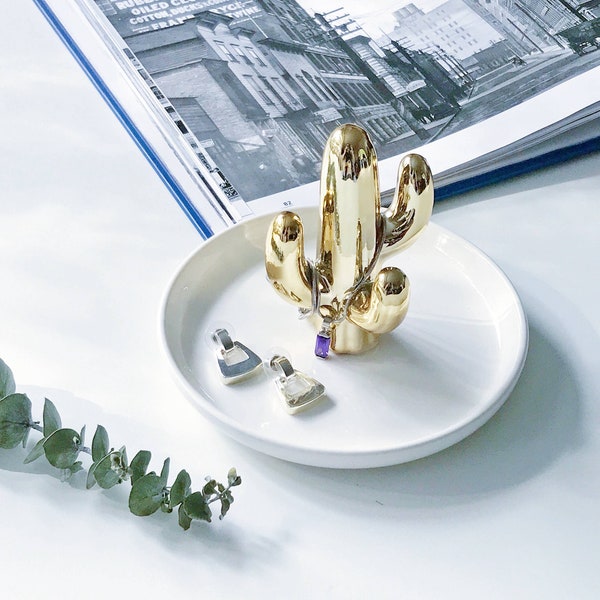 Gold Cactus Ring holder with Jewelry Dish-Ceramic Succulent Jewelry Tray-Cute Plant Ring Holder- Jewelry Organizer Display-Ring Tree