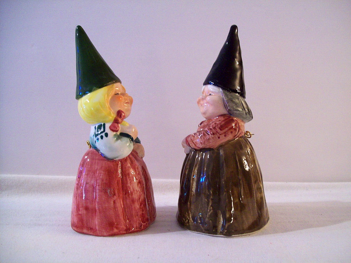 Two GNOME BELLS – Young and Old Women Gnomes - Unieboek – Vintage