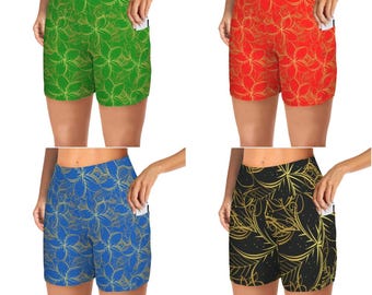 Golden Frangipani Yoga Shorts in 4 colours up to 5 XL in Sizing with Pockets