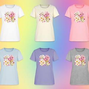 Multi Frangipani or Plumeria Cotton Women&#39;s T-Shirts Tops up to 3 XL Made in the USA Shipping Worldwide