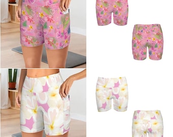 Frangipani Tropical Style Yoga Shorts in 4 colours up to 5 XL in Sizing with Pockets