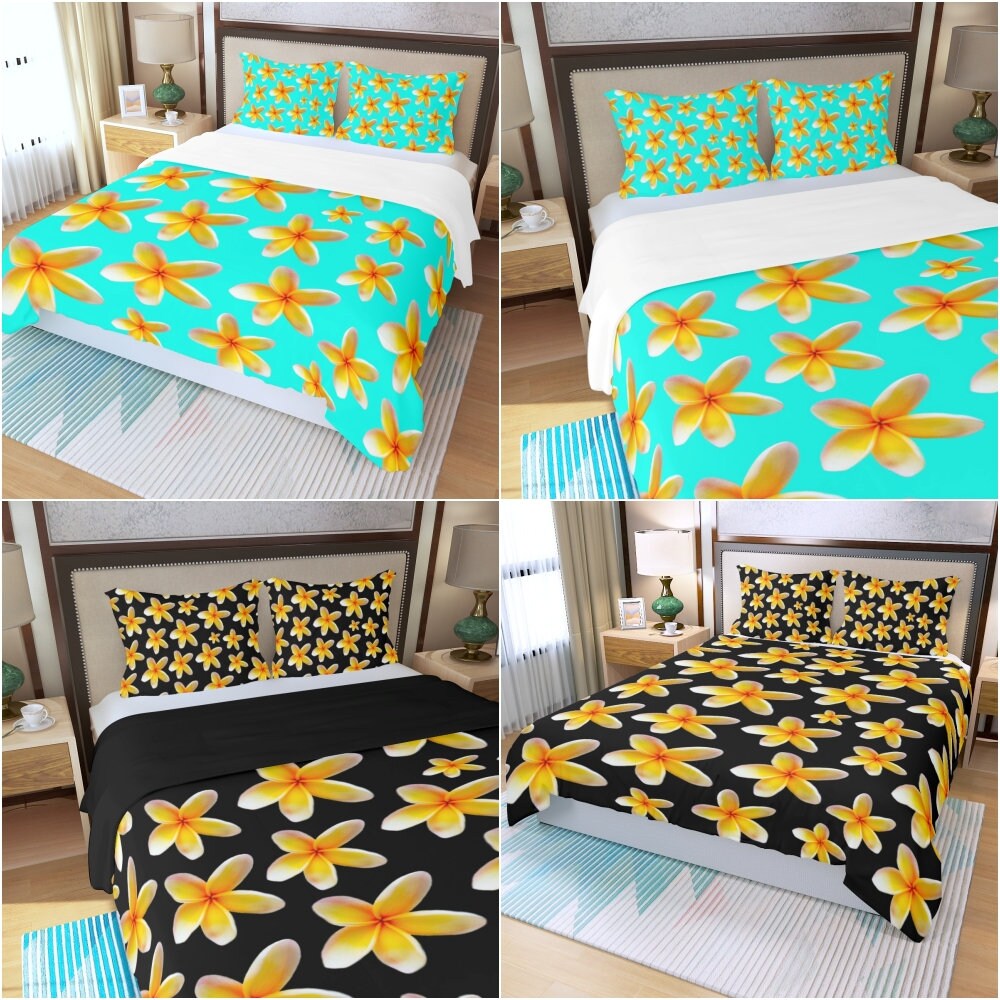 Yellow Frangipanis on Aqua or Black New Polyester Doona or Duvet Bed