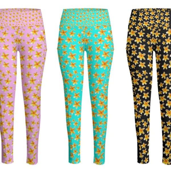 Yellow Frangipani Designs Long Leg High Waist Exercise Pants Leggings with Side Pockets up to 6 XL