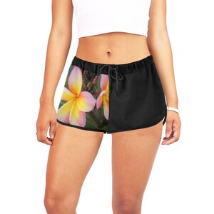 Black Casual or Gym Women&#39;s Drawstring Shorts in a Tri Colour Frangipani or Plumeria Design