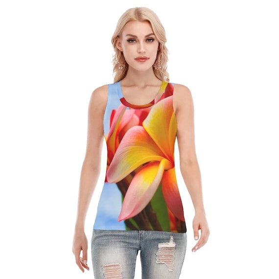 Women's Sport Tank Tops for Yoga or Casual Wear in a Frangipani Sky or  Plumeria Design up to 5 XL 