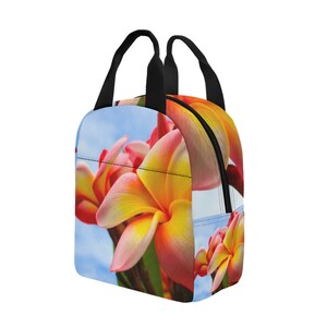Insulted Lunch Bag With Handles For Your Picnic or Work Lunch in a Frangipani Sky or Plumerias Design