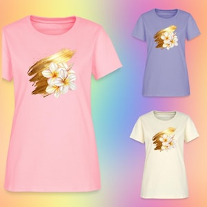 Gold Frangipani or Plumeria Cotton Women&#39;s T-Shirts Tops up to 3 XL Made in the USA Shipping Worldwide