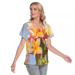 Women&#39;s V Neck Top Tshirt in a Fresh Frangipanis or Plumeria Design