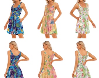 Robes patineuses style tropical hawaïen disponibles en trois modèles jusqu'à la taille 5XL avec poches