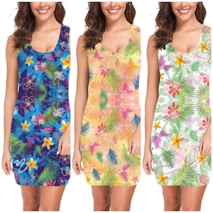 Robe débardeur hawaïenne tropicale : robe de vacances sans manches en spandex mélangé